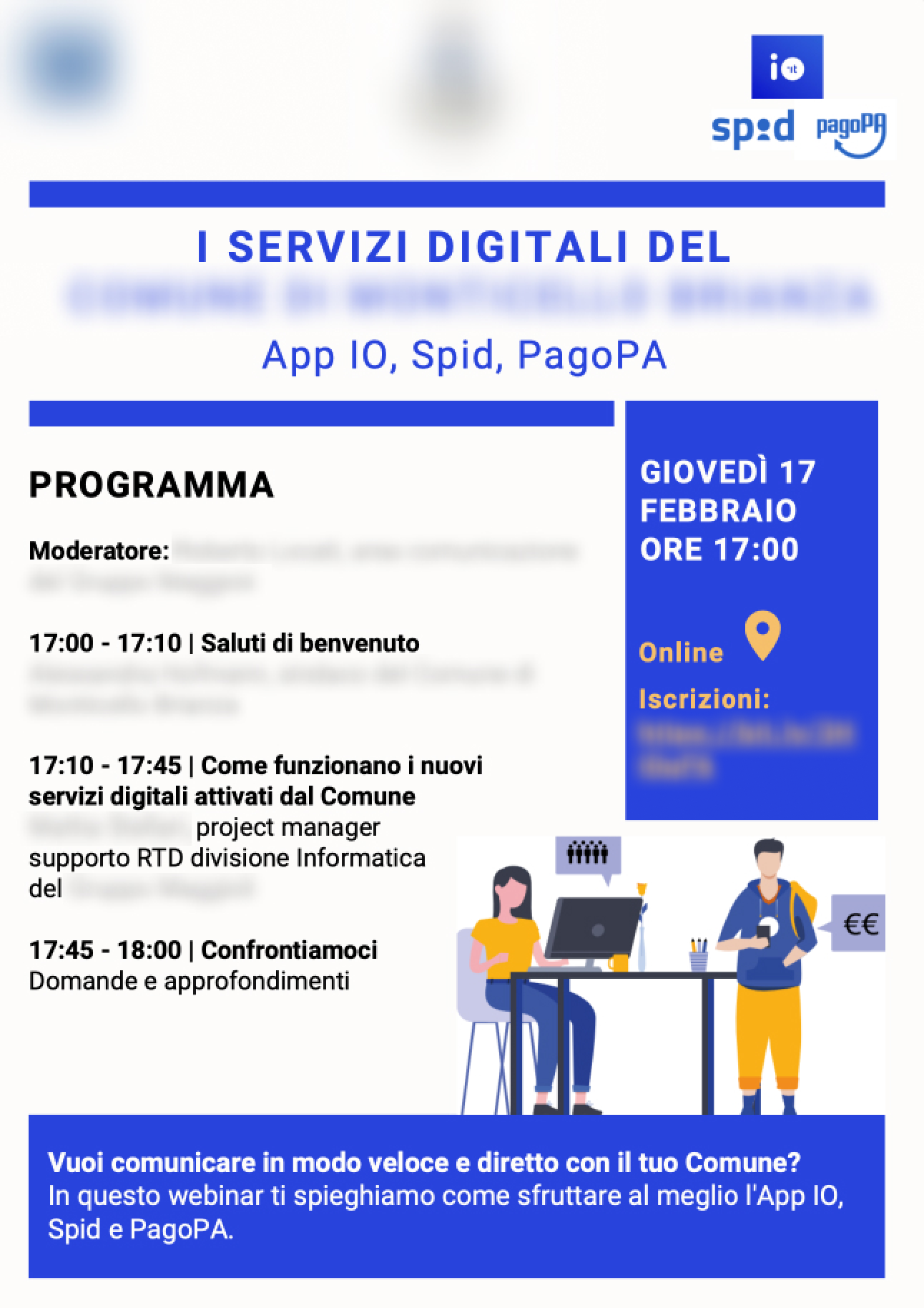L'immagine riporta un'informativa comunale relativa ai servizi digitali. Sono presenti due errori: il mancato utilizzo dele linee guida nell’accostare il logo “pagoPA" a loghi di altri brand; il typing scorretto di “pagoPA”, utilizza infatti la lettera “P” maiuscola.