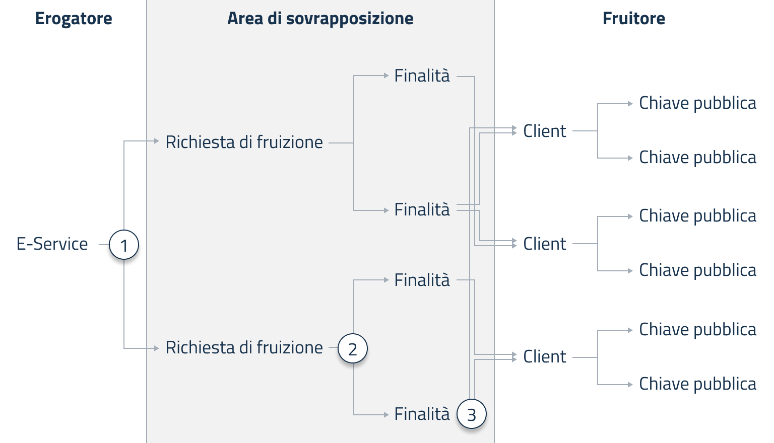 Un diagramma che dettaglia le aree di sovrapposizione sulle operazioni. Gli e-service sono esclusiva competenza dell'erogatore, client e chiavi pubbliche del fruitore. Richieste di fruizione e finalità sono invece parti sulle quali entrambi gli attori possono agire